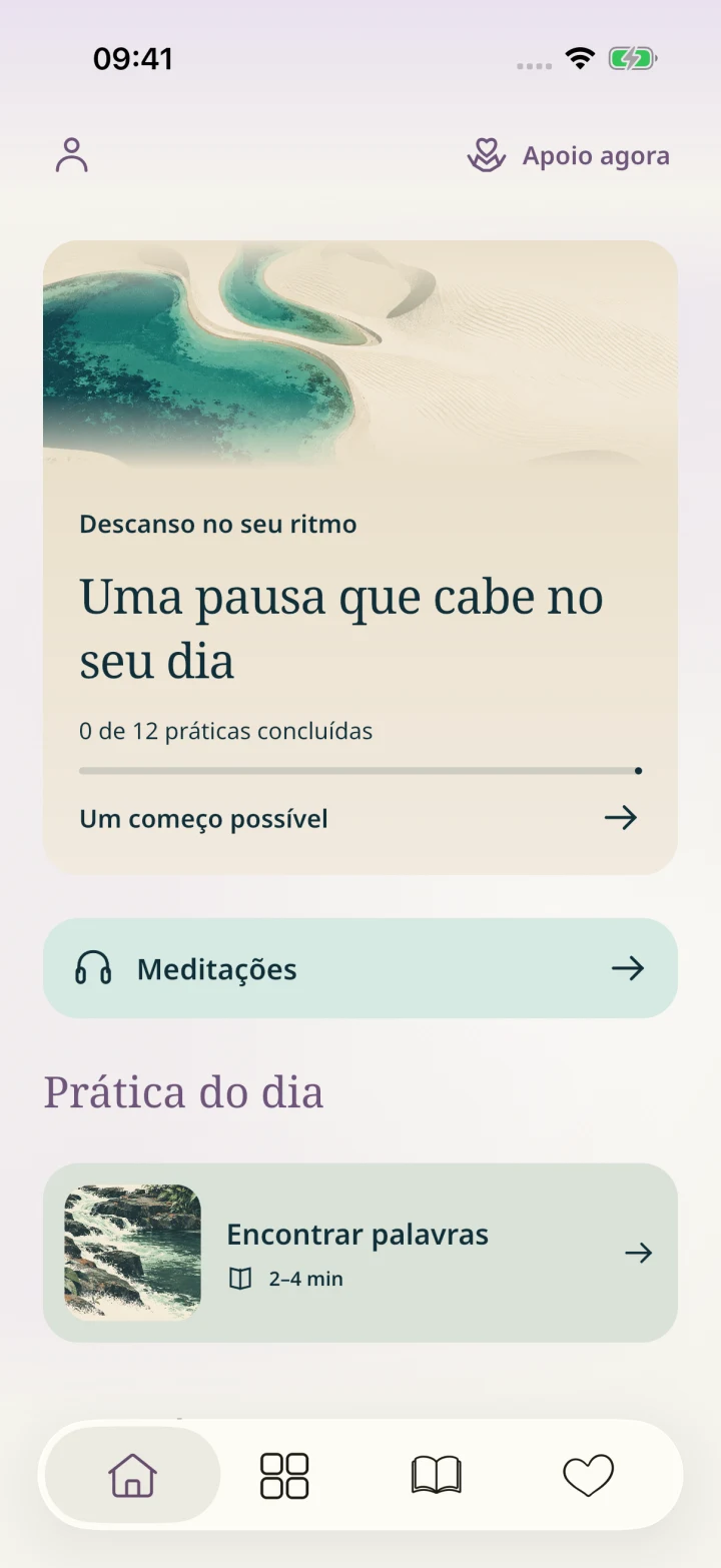 Tela inicial do MenteLeve com os caminhos de práticas