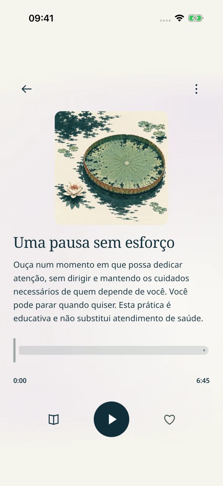 Player de Uma pausa sem esforço com ilustração, controle de áudio e texto